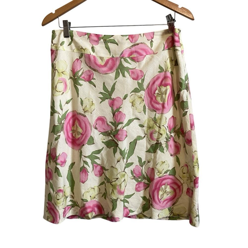 LOFT Pink Ivory Floral Skirt Sz 10 Linen Blend Cottage Grandmacore Y2K Inspired
